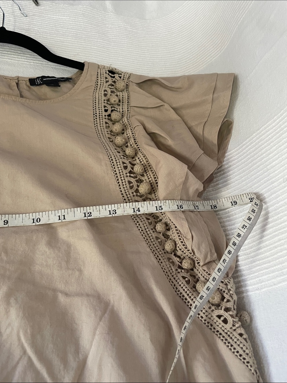 INC International Concepts Taupe Crochet-Trim Drawstring Flutter Top - Picture 7 of 8